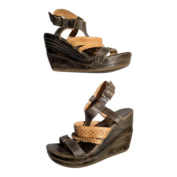 Bed Stu Jaslyn Taupe Brown Braided Leather Wooden Wedge Heel Sandals Sz 10 - Picture 1 of 7